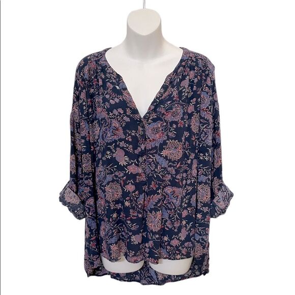 Purple floral pattern flowing top, blouse with roll tab sleeve - Picture 1 of 10